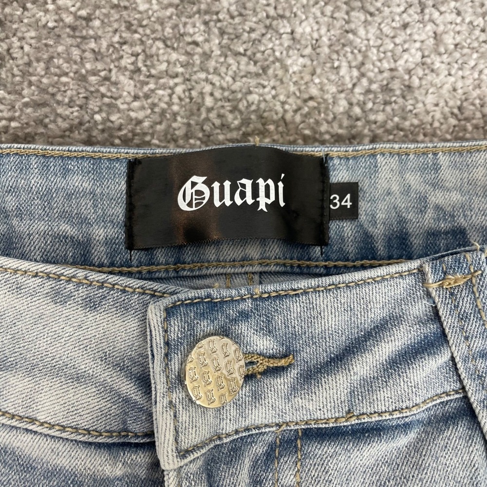 Guapi Jeans Mens 34 Distressed Patchwork Flare Light Wash Denim Frayed Street - Picture 5 of 14